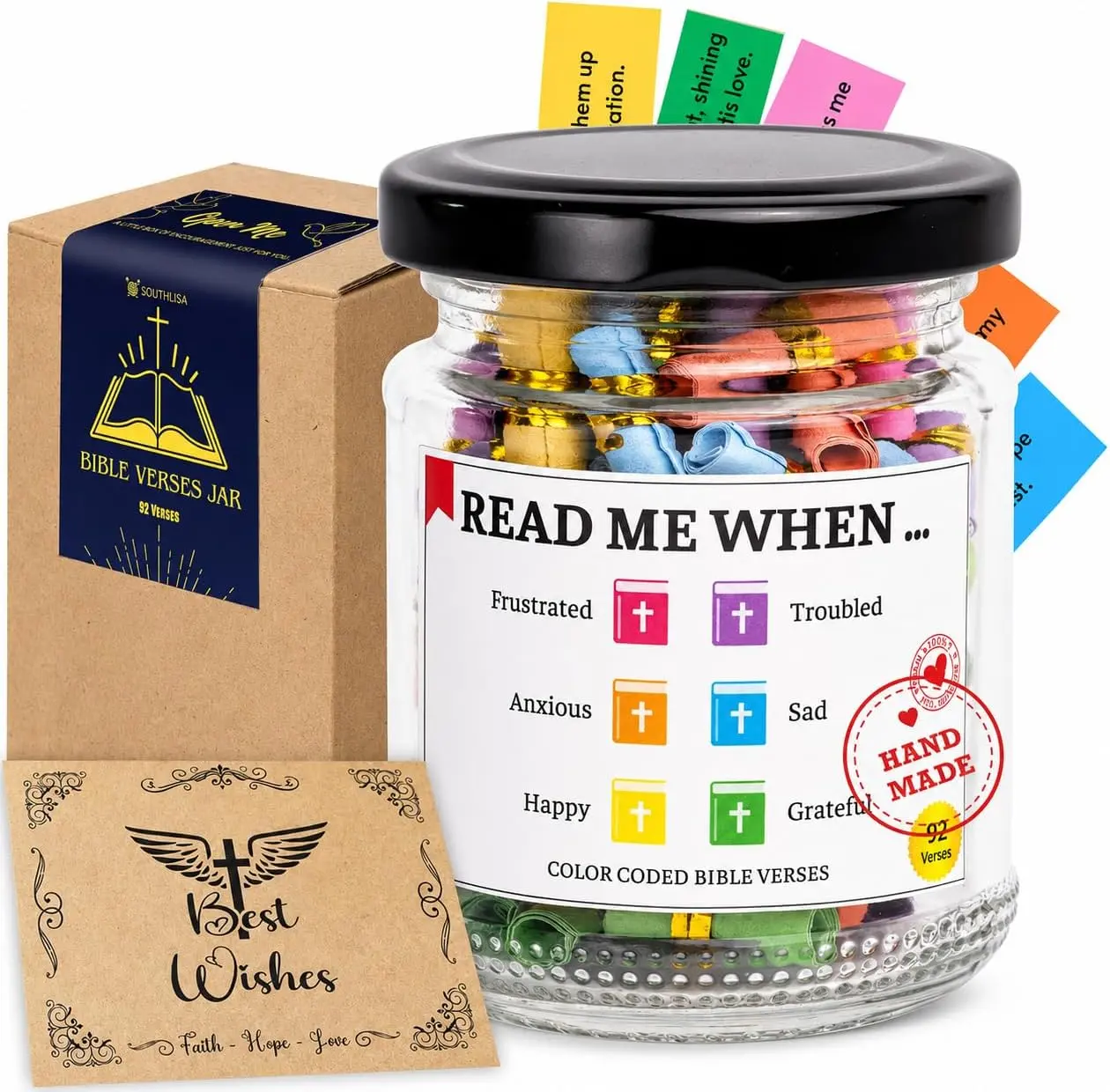 Bible Verses Jar, 92 Hand-Rolled Bible Scroll, Read Me When Christian Jar, Color Coded KJV Bible Verses, Religious Gifts for Women, Prayer Gifts for Friends, Mom, Sister, Cancer Warriors