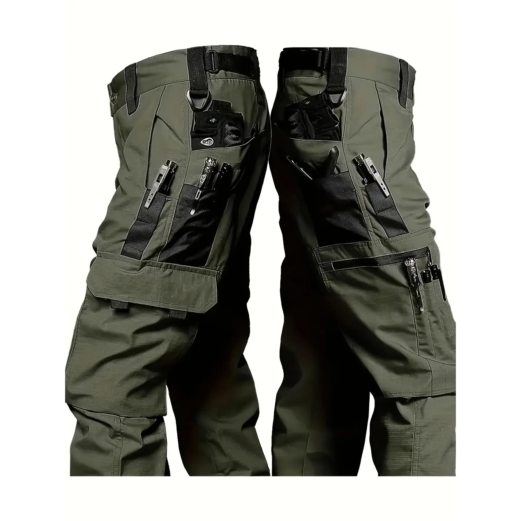 Men's Heavy-Duty Tactical Cargo Pants, Woven Polyester Activewear with Reinforced Stitching & Pockets for Outdoors & Hiking, Hand Wash, Menswear, Street, Sports, Fabric
