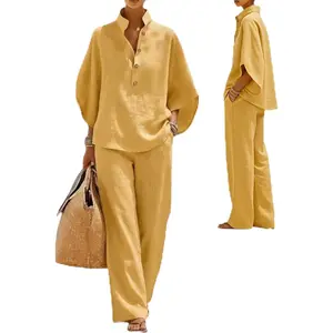 2026 New Women’s Batwing Sleeve Linen Cotton Two-Piece Set – Casual Shirt & Wide Leg Pants Outfit, Linen Sets for Women