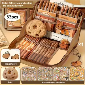 Cute Water Buffalo Canvas Pencil Case Set, 53-Piece with Dolls & Stickers, Large Capacity Layered Design, Zipper Closure, School Supplies