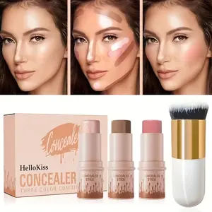 3pcs Hellokiss Cream Contour Kit, Makeup - Non-Greasy Waterproof Long-Lasting Blush, Highlighter & Bronzer Sticks with Brush | Flawless Finish, Medium Coverage, Plant-Based Squalane, Ideal for Halloween, Suitable for all skin types