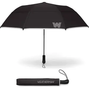 Weatherman Premium Collapsible Travel Umbrella - Windproof, Compact, Easy Auto Open - Resists Up to 55 MPH Winds - Perfect for Rain, Wind, Backpack, Car - Folding Umbrella (Black)