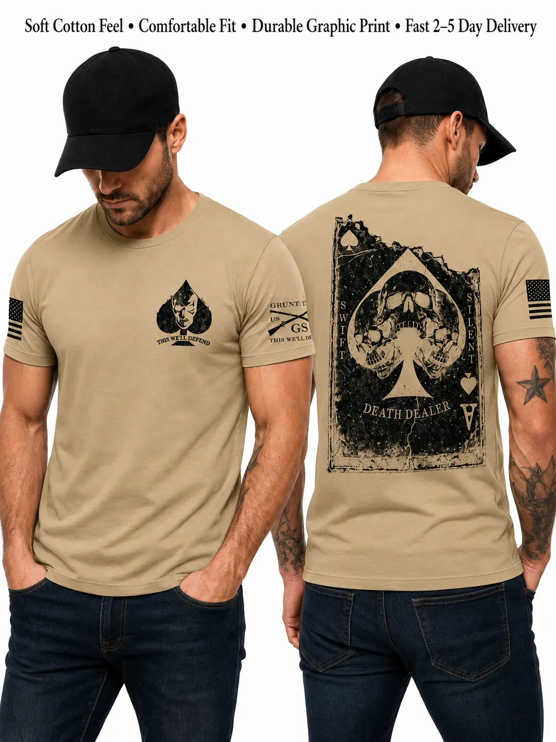 Death Dealer Ace of Spades Skull T-Shirt, Swift Silent Tactical Graphic Tee, Sand Military-Inspired Shirt for Streetwear & Gift Ideas | Menswear & Underwear - Men's Tops - T-shirts - Men's Short-sleeve T-shirts
