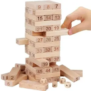 54PCS Wooden Tumbling Tower Game – Natural Wood Building Blocks for Creative Thinking & Family Fun