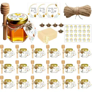 20 Pack Mini Honey Jars with Dipper - Perfect for Shower Favors and Wedding Favors - Includes Bee Pendants Tags and Jute Bags - Gold Lid