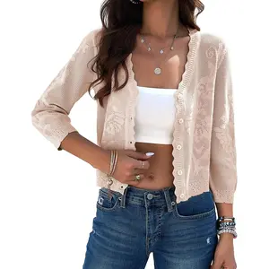 Women's 2025 Cropped Cardigan Sweaters Trendy Lightweight 3/4 Sleeve Button Down Crochet Textured Shrugs Top
