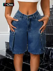 Women's Plain Button Fly Cargo Denim Shorts, Basic Casual Fashion Denim Shorts for Daily Wear, Ladies Bottoms for All Seasons, Womenswear, Casual Fashionable Shorts, Chic Casual Shorts