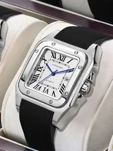 Men's Mechanical Watch, Square Analog Face, Hardlex Glass, Alloy Case, Silicone Strap, Fashionable Business Watch, Gift-Ready