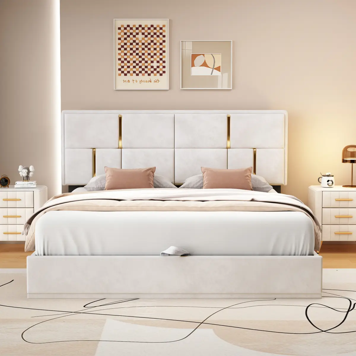 Lift Up Storage Bed Queen Size Upholstered Platform Bed with Hydraulic Storage System,No Box Spring Needed,Beige