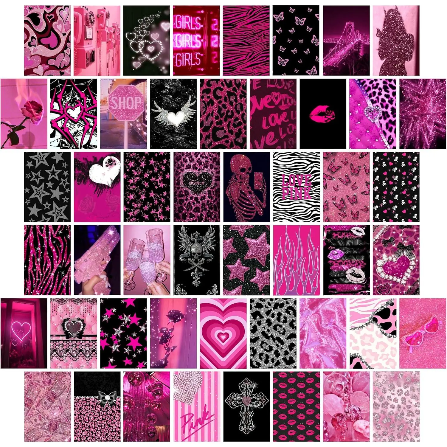 Mcbling Room Decor Aesthetic Wall Collage Kit  Trashy Y2k Posters for Girls bedroom 2000s Hot Pink Art Emo Baddie Prints women Apartment.(Set of 50 4" × 6")
