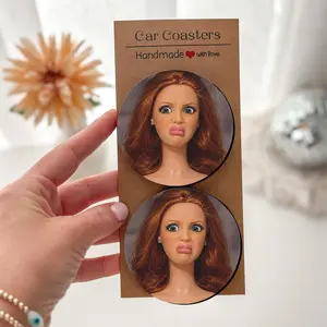Quirky Funny Desk Coasters 2/4 Pcs Doll Face Meme Print Sassy Pop Art Y2K Neoprene Absorbent Non Slip Drink Coaster for WFH Office Cubicle Gag Gift for Coworker 6.8 cm / 2.68 in Coaster Set