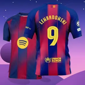 25 26 Home Red And Blue 9# Robert Lewandowski Short Sleeve Soccer Jersey Fans Version J