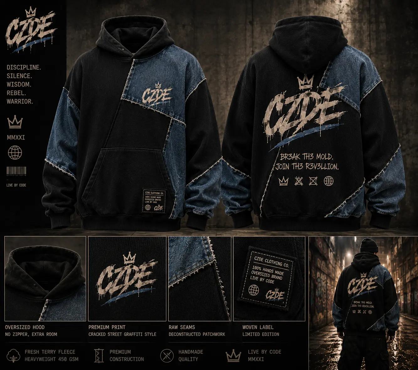 CZDE Denim Patchwork Hoodie – BR3AK TH3 MOLD