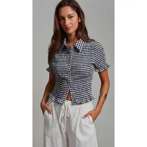 All-Over Smocked Gingham Button-Up Shirt