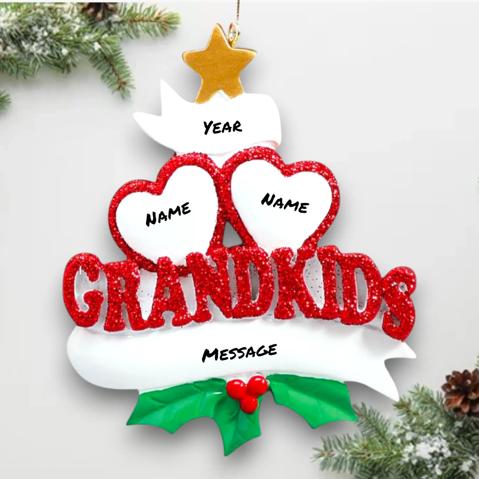 Personalized Grandkids Hearts 2 Christmas Ornament – Custom Names & Year – Glitter Red Lettering & Holly – Grandparent Gift – Noel Box