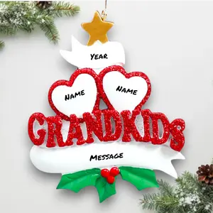 Personalized Grandkids Hearts 2 Christmas Ornament – Custom Names & Year – Glitter Red Lettering & Holly – Grandparent Gift – Noel Box