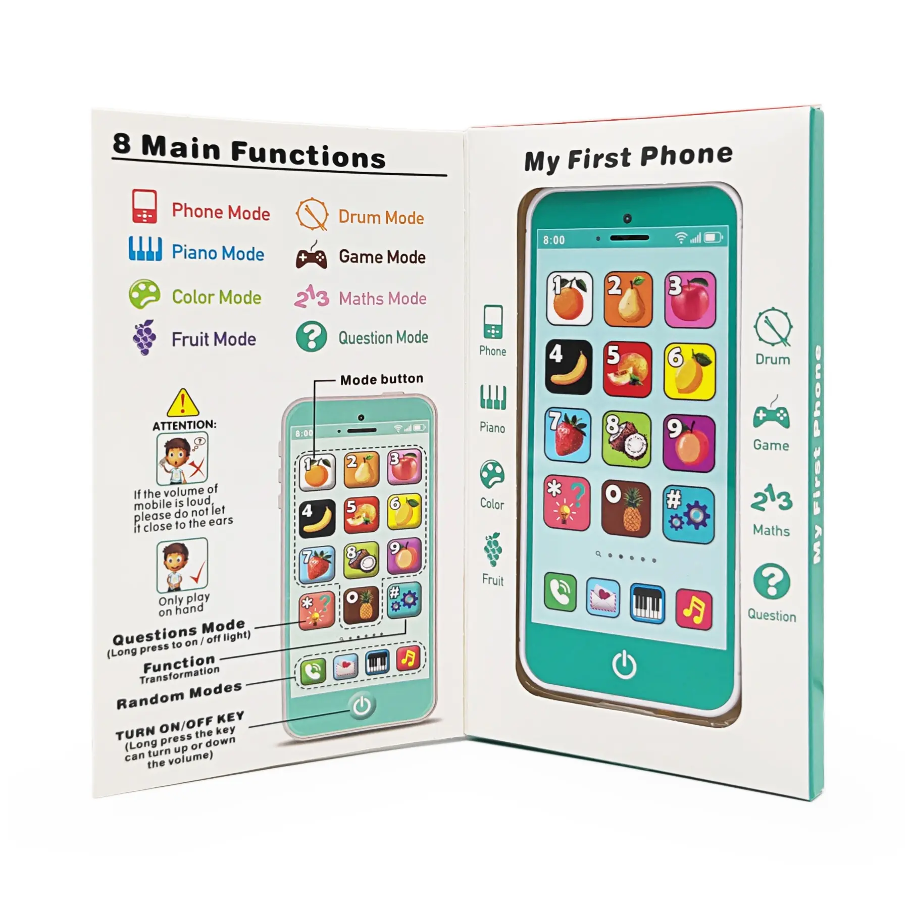 Educational Toy Phone with Lights & Music, USB Charging, 8 Modes Including Piano, Colors, Fruits, Drums, Games, Numbers