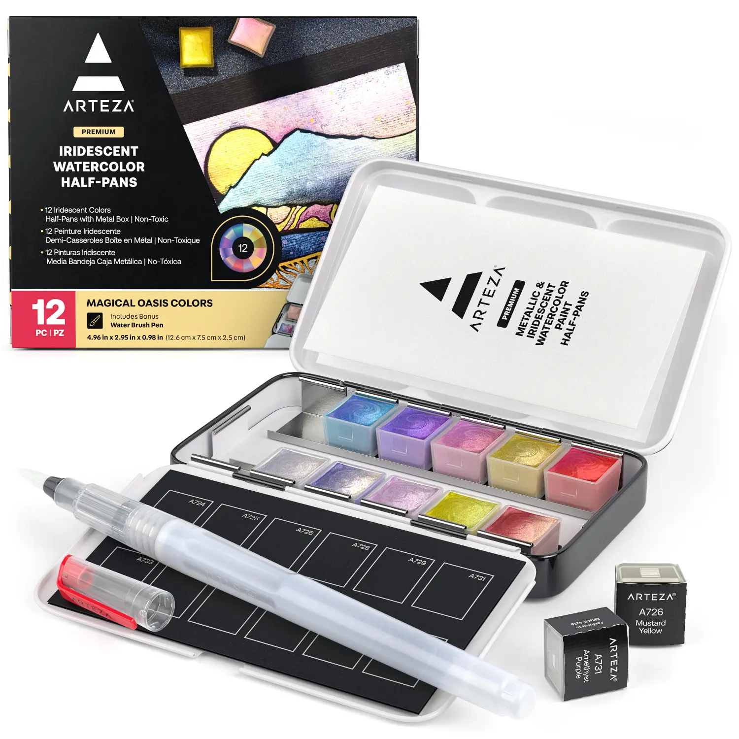 Arteza Iridescent Watercolor Paint Set - 12 pc ARTZ-4547, High-Quality Materials, Portable Metal Tin Box, Shimmer Finish, Refill Brush, All Skill Levels, Ideal for DIY Painting Projects, No Battery Needed, Portable Storage Tin
