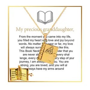Granddaughter Book Necklace, For Granddaughters - The Most Beautiful Chapter Books Adjustable Silver Gold Book Pendant with 6 Pages Engraved Information Jewelry Gifts from Grandma