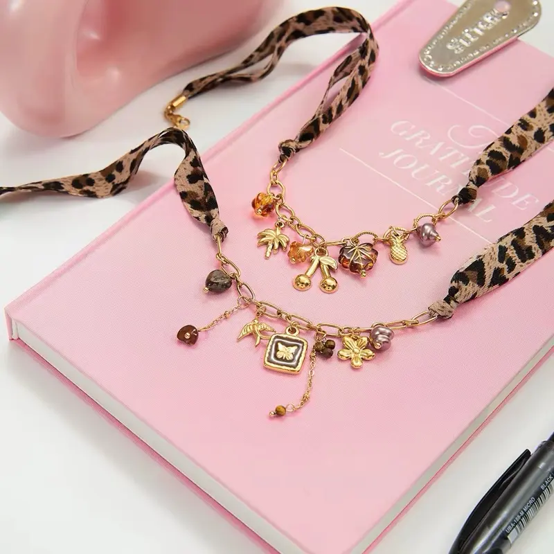 Leopard Ribbon Layered Charm Necklace
