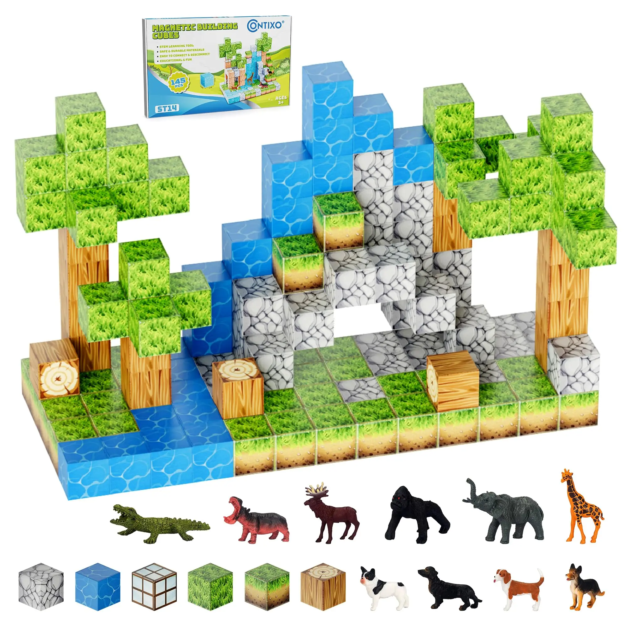 Contixo ST14 145-Piece Magnetic Tiles 3D Building Blocks for Kids Ages 4-8 STEM Educational Construction Toy