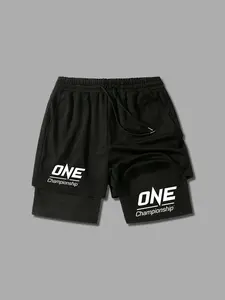 Men's ONE Championship 2-in-1 Shorts - MMA Logo Print Black Performance Fight Shorts, Athletic Shorts, Workout Shorts, Drawstring Waist Loose Fit, Breathable Summer Martial Arts Streetwear, Athleisure Shorts