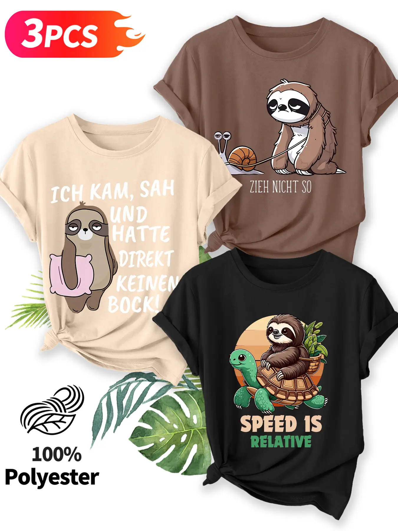 Women's 3-Piece Crew Neck T-Shirt Set, Sloth Funny Print Series, Multiple Colors Available, Machine Washable, Spring & Summer Top, Soft Skin-Friendly Fabric, Daily Versatile, Fashion Design
