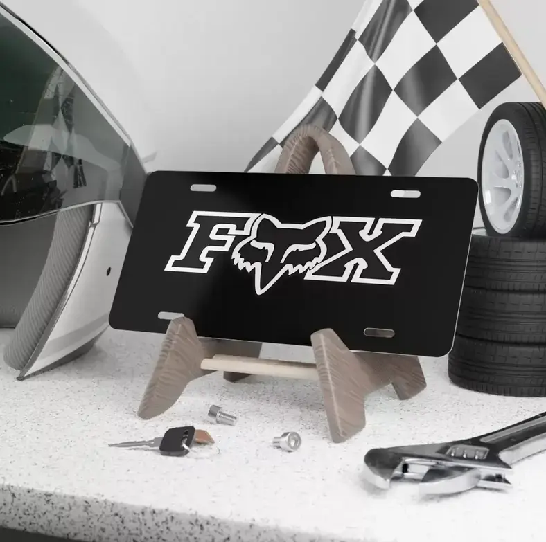 Fox Racing Black Front Vanity License Plate - Motorsports Racing Inspired Aluminum Car & Truck Tag (12x6)