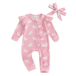 Newborn Girl Easter Outfits Romper Bunny Print Long Sleeves Round Neck Waffle Bodysuit with Bow Headband