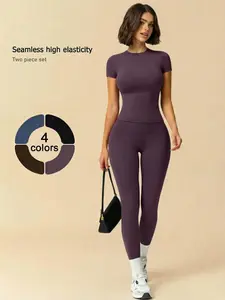 Two piece set women's sports suit solid color yoga suit short sleeved round neck T-shirt and high waisted leggings high elasticity slim fit and slimming fitness center outdoor running daily leisure home women's sports suit Yoga Clothes Set