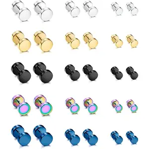 FLORIDECO 15 Pairs Stainless Steel Fake Gauge Earrings for Men Women Stud Cheater Plug Faux Gauges Ear Tunnel Set Tarnish Resistant Daily Wear