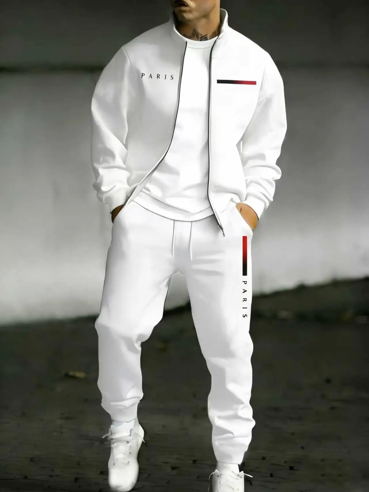 Men's Streetwear Tracksuit 2-Piece Set with PARIS Letter Print, Zip-Up Jacket and Jogger Pants Menswear Sweatsuit Sets Sweatsuit Loose fathersdaygift