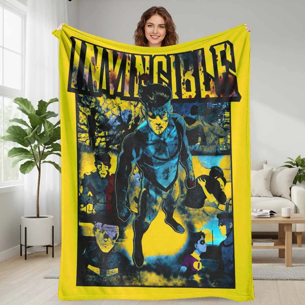 Superhero Anime Comic Style Flannel Fabric Blanket with Invincible Print, Multi-Size Fluffy Lightweight Throw for Bed & Sofa, Home & Travel Office Nap Birthday Gift