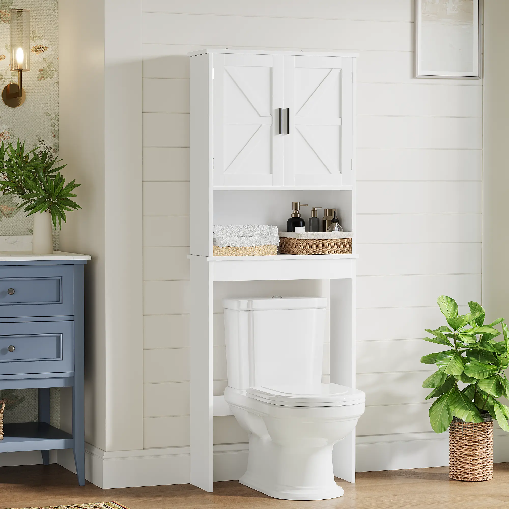 Traditional Engineered Wood Over-Toilet Storage Cabinet - Bathroom Decor Ideas for Apartments, Adjustable Shelves, Double Doors, Open Shelf, Vertical Space Use, Standard Fit Freestanding Space Saver, Requires Assembly, Small Bathroom