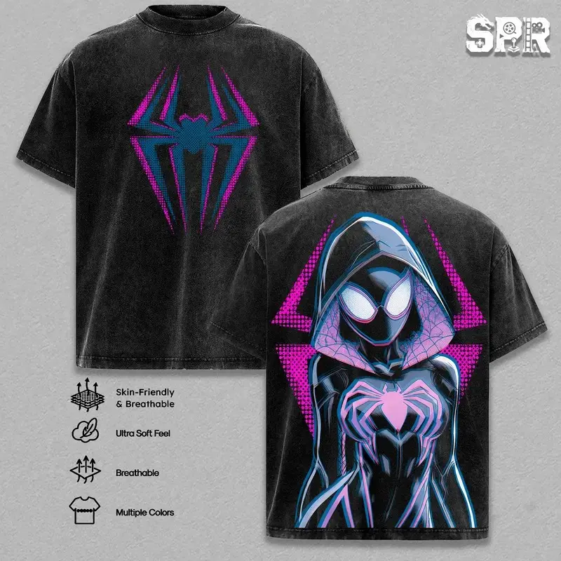 Spider-Gwen Inspired Vintage Washed T-Shirt, Ghost Spider Comic Style Graphic Tee, Double-Sided Oversized Heavyweight Cotton Shirt, Superhero Streetwear, Spider Verse Fan Gift