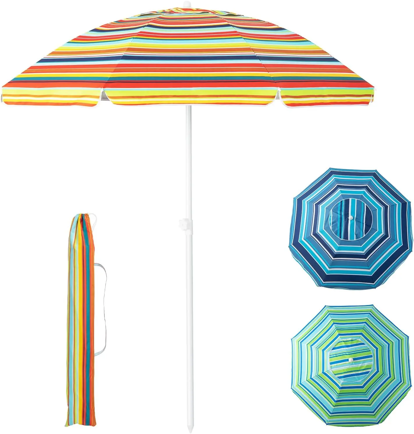 VALLMORE 6.5Ft Beach Umbrella UPF50+, Windproof Vented Sunshade with Sand Anchor, Push-Button Tilt, 8 Fiberglass Ribs & Carry Bag, Portable Outdoor Umbrella for Beach Patio Picnic Camping