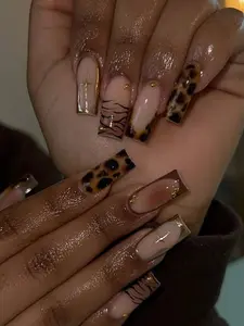 24pcs Press On False Nails Medium Length French Leopard Mix Design Reusable Easy Apply for Office Daily Date