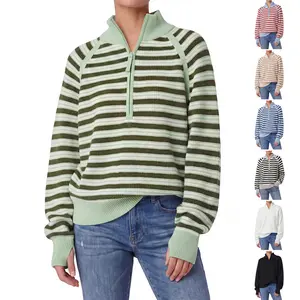 Aswulk Women's Striped Waffle Knit Half Zip Pullover Long Sleeve Thumb Hole Casual Athleisure Sweater