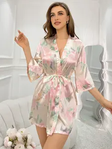 Women's Floral Print Satin Sleeprobe, Comfortable Fashion Nightwear Homewear Loungewear, Perfect for Casual Wear, Ideal Gift for Her