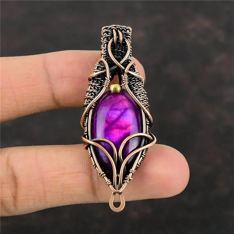 Pink Fire Labradorite Jewelry Copper Gift For Bestie Wire Wrapped Pendant 3.07"
