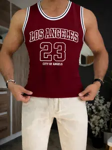 Men's Los Angeles 23 American Sports Vest, Breathable Mesh Fabric, Colorblock Ribbed Edges, Vintage City Print, Slim Fit, Casual Style, Sports Apparel