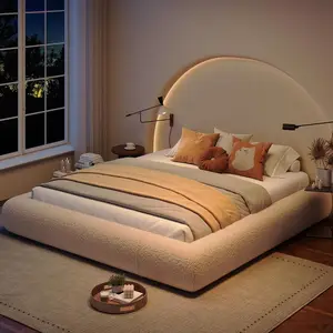 Upholstered Bed Frame Boucle Cloud Bed Frame With Curved Edges Design, Anti-Collision Soft Platform Bed, Easy Assembly, Beige