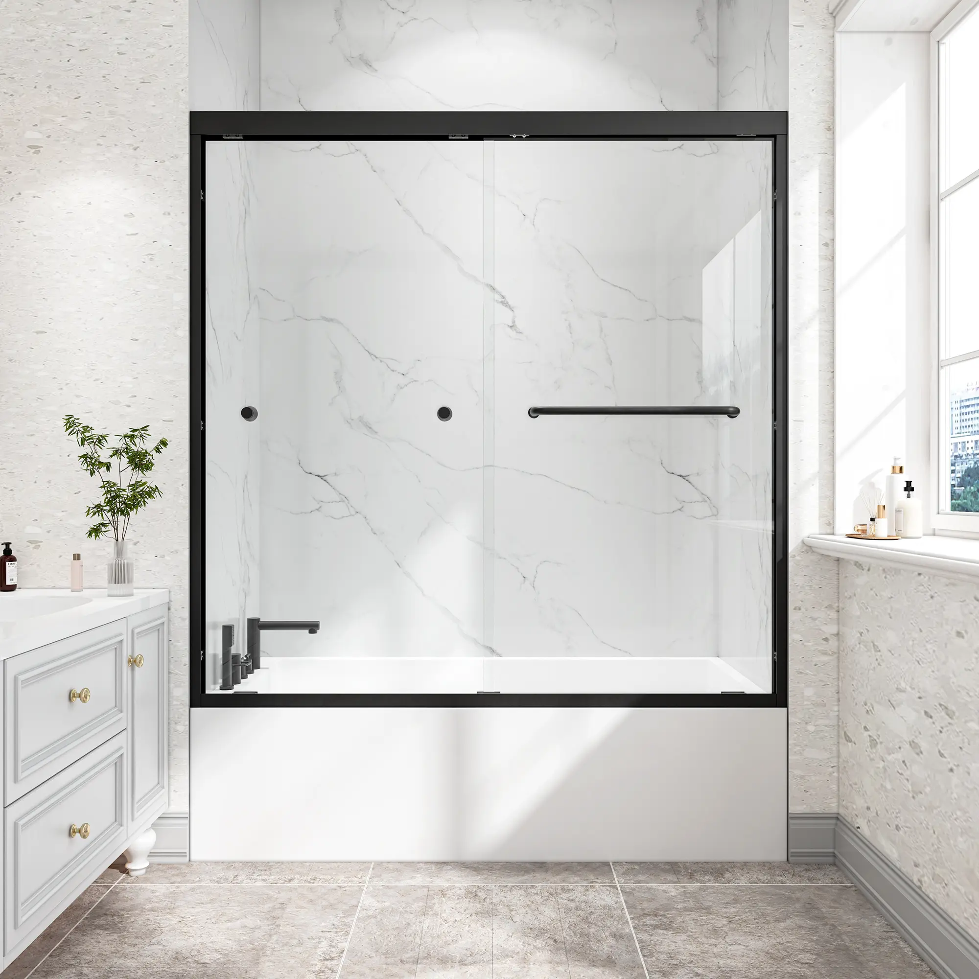 Frameless-Style Double Bypass Sliding Shower Door for Bathtubs, 55-60in W x 60in H, Brushed Nickel, 6mm Safety Tempered Glass-Aluminum Construction, Explosion Proof Nano Coating, Water Defense, Reversible Installation, Quiet Rollers, Rustproof Frame, Show