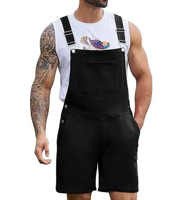 Yuanbang Summer Stretchy Denim Overalls for Men Jean Shorts Sleeveless Jumpsuit Work Bib Coveralls with Zipper Outdoor Wear BBQ Casual Fall Beach Menswear