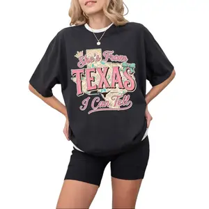 Women's Short-Sleeve Floral Texas Map T-Shirt - Essential Lightweight Fabric Style, "She's From Texas I Can Tell" Graphic, Coquette Western Tee, Southern Girl Gift clothes women summer tops holiday