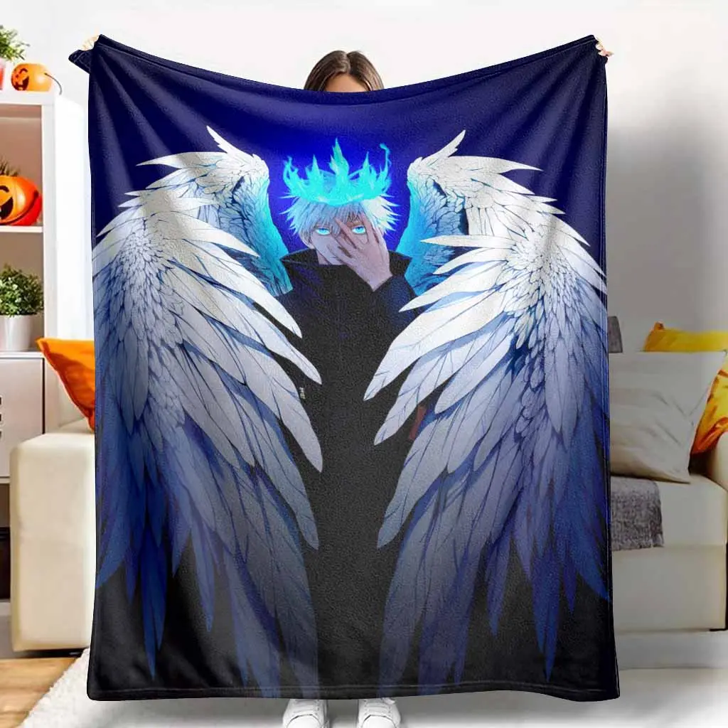 Dark Angel Flannel Blanket with Blue Flame Crown Wing Print Soft Warm Lightweight Cozy Throw for Sofa Bed Dorm Office Halloween Gift Anime Room Decor Lounge