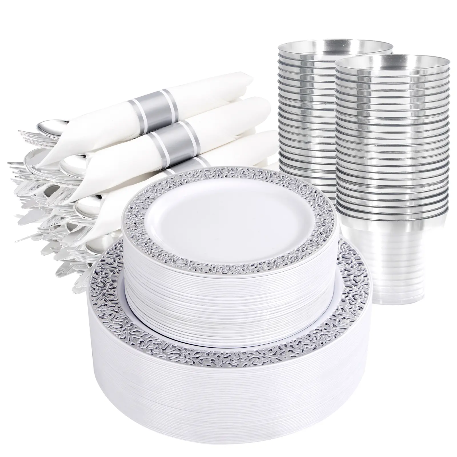 Wellife 350 Silver/Gold/Rose Gold Party Plates for 50 Guests, Silver Wedding Plates Disposable Heavy Duty, Including :50 Dinner Plates, 50 Dessert Plates, 50 Cups, 50 Napkins, 50 Sliver Silverware Set
