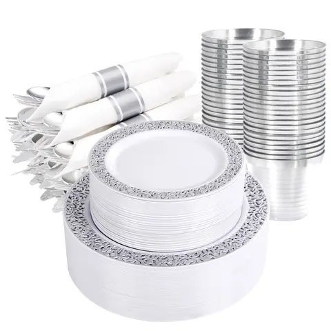 Wellife High-Quality BPA-Free Plastic Disposable Dinnerware Set for 50 Guests (Silver/Gold/Rose Gold) - Heavy-Duty Geometric Modernandchic Table Settings, Includes Dinner Plates, Dessert Plates, Cups, Napkins & Spoons for Birthdays, Anniversary