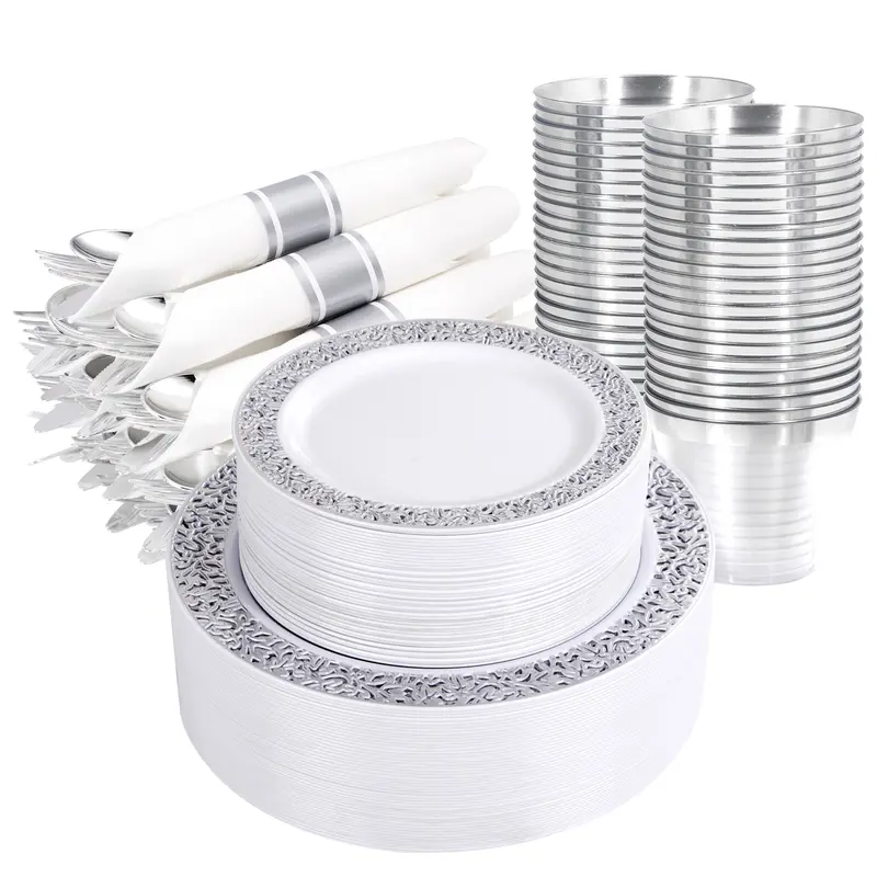 Wellife High-Quality BPA-Free Plastic Disposable Dinnerware Set for 50 Guests (Silver/Gold/Rose Gold) - Heavy-Duty Geometric Modernandchic Table Settings, Includes Dinner Plates, Dessert Plates, Cups, Napkins & Spoons for Birthdays, Anniversary