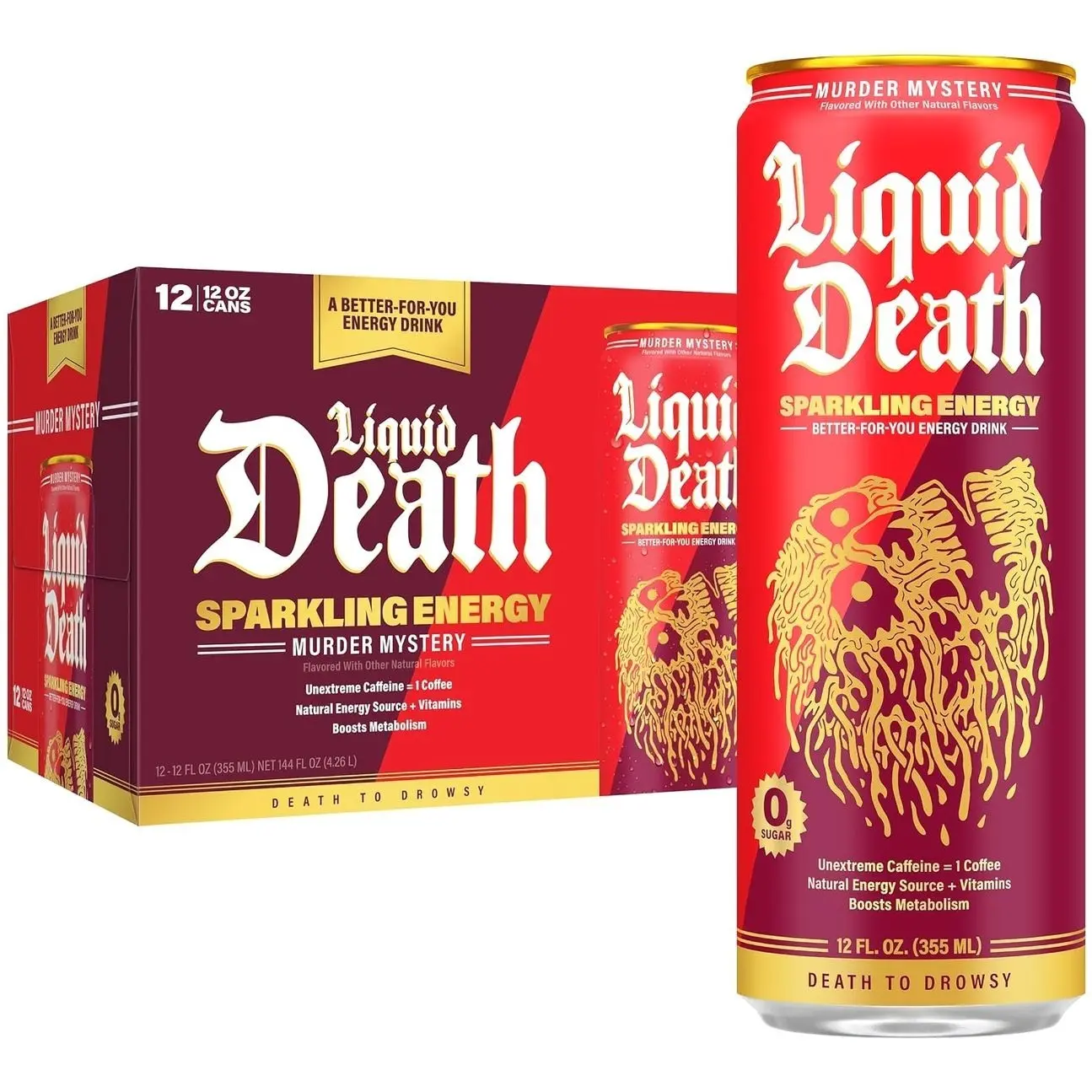 Liquid Death Sparkling Energy - Murder Mystery (Cherry, Cream, Spice), Zero Sugar Energy Drink, Unextreme Caffeine 100mg, Essential Vitamins, 12 Fl Oz (Pack of 12)